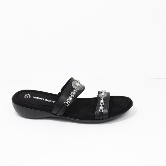Minnetonka Sandals NEW sz 11 Women Black Leather Slide Western Shoes - Picture 4 of 7